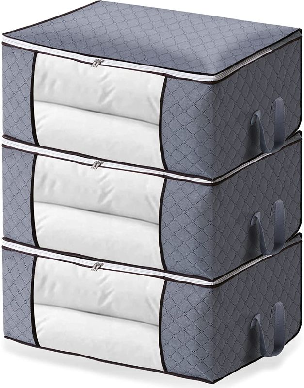 Photo 1 of 120L Clothes Storage Bags, 3 Pack Storage Bag for Comforters, Blankets, Quilts, Bedding, Foldable Blanket Storage Organizer with Reinforced Handle & Zippers for Closet and Underbed Storage (Light grey)
