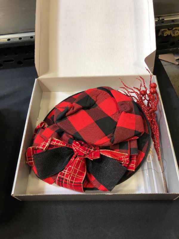 Photo 2 of Christmas Tree Topper Hat, Black and Red Plaid Bowler Derby Hat with Large Bow, Christmas Tree Decorations Xmas Ornaments for Holiday Home Decor?Red and Black?
