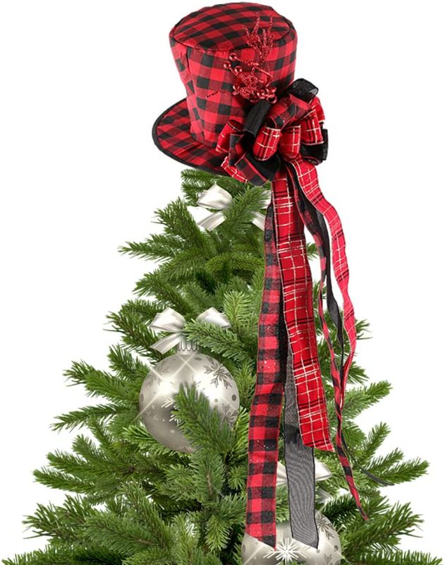 Photo 1 of Christmas Tree Topper Hat, Black and Red Plaid Bowler Derby Hat with Large Bow, Christmas Tree Decorations Xmas Ornaments for Holiday Home Decor?Red and Black?
