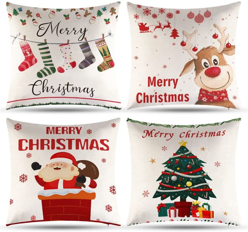 Photo 1 of Christmas Decorations Pillow Covers 18×18 Inches Set of 4-Christmas Decor Clearance Series Pillow Cover for Sofa Couch Cushion Indoor Cotton Linen Zippered Square Throw Xmas Valentines Day Pillow Case
