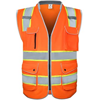 Photo 1 of amoolo Safety Vest with 9 Pockets, Zipper and Padded Neck, High Visibility Reflective Vest, ANSI/ISEA Type R Class 2 , Orange, 2XL
