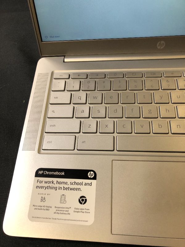 Photo 6 of LAPTOP ONLY - HP 14" Touchscreen Chromebook Laptop with Chrome OS - Intel Processor - 4GB RAM Memory - 64GB Flash Storage - Mineral Silver (14a-na0037nr) - MISSING INSTRUCTIONS / CHARGER / ORIGINAL BOX - SCRATCH ON SCREEN - SCRATCHES AROUND ITEM FROM NOT 