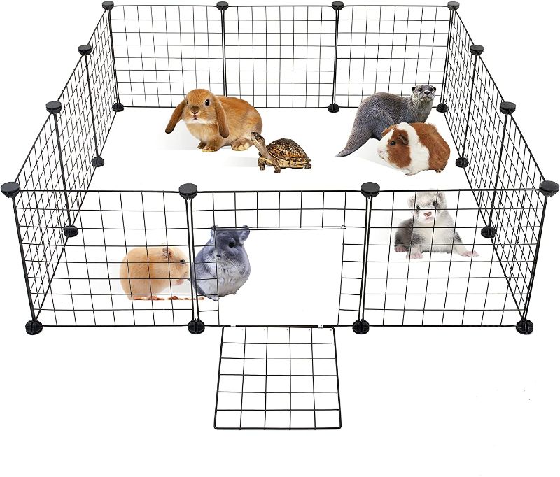 Photo 1 of ALLISANDRO Pet Playpen, Small Animal Cage for Indoor Outdoor Use, Door Design Metal Wire Yard Fence for Small Animal, Puppy, Kitten, Guinea Pigs, Bunny, Hamster, Black, 12 Panels, 14x14 Inches
