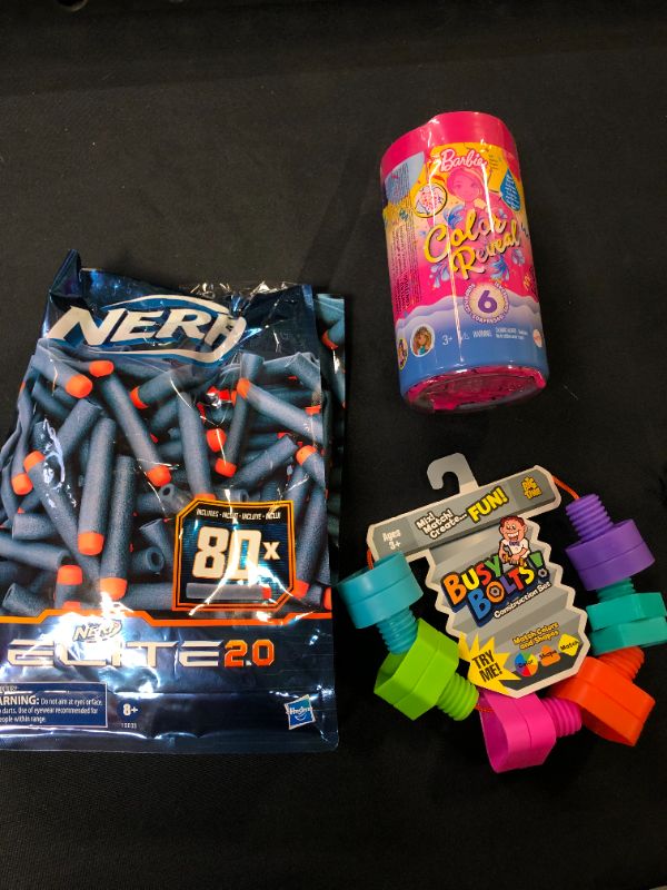 Photo 1 of NERF ELITE 2.0 WITH 2 MINI GUNS, BARBIE COLOR REVEAL, AND BUSY BOLTS 3 COUNT BAGLOT 