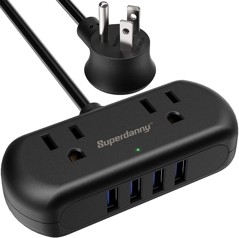 Photo 1 of Power Strip with USB, SUPERDANNY Mini Surge Protector with 2 Wide-Spaced Outlets & 4 USB Ports, 5 Ft Extension Cord, Flat Plug, Compact Size Desktop Charging Station for Travel, Home, Office, Black
