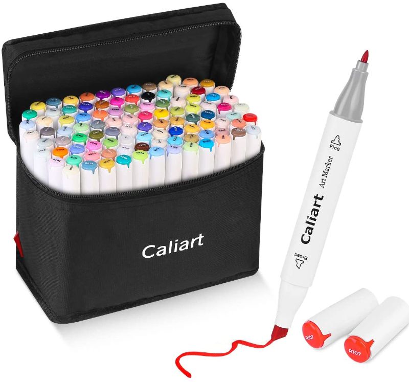 Photo 1 of Caliart 100 Colors Artist Alcohol Markers Dual Tip Art Markers Twin Sketch Markers Pens Permanent Alcohol Based Markers with Case for Adult Kids Coloring Drawing Sketching Card Making Illustration
