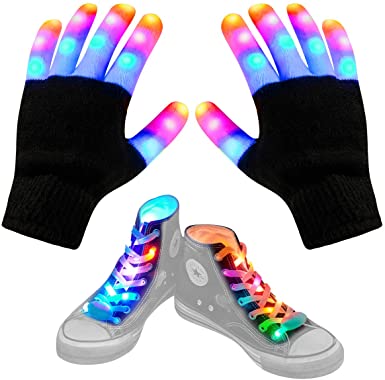 Photo 1 of Aywewii Led Gloves LED Shoelaces Set, 2 in 1 Led Finger Gloves Flashing Gloves with 6 Modes Light Up Toys for Boys Girls
