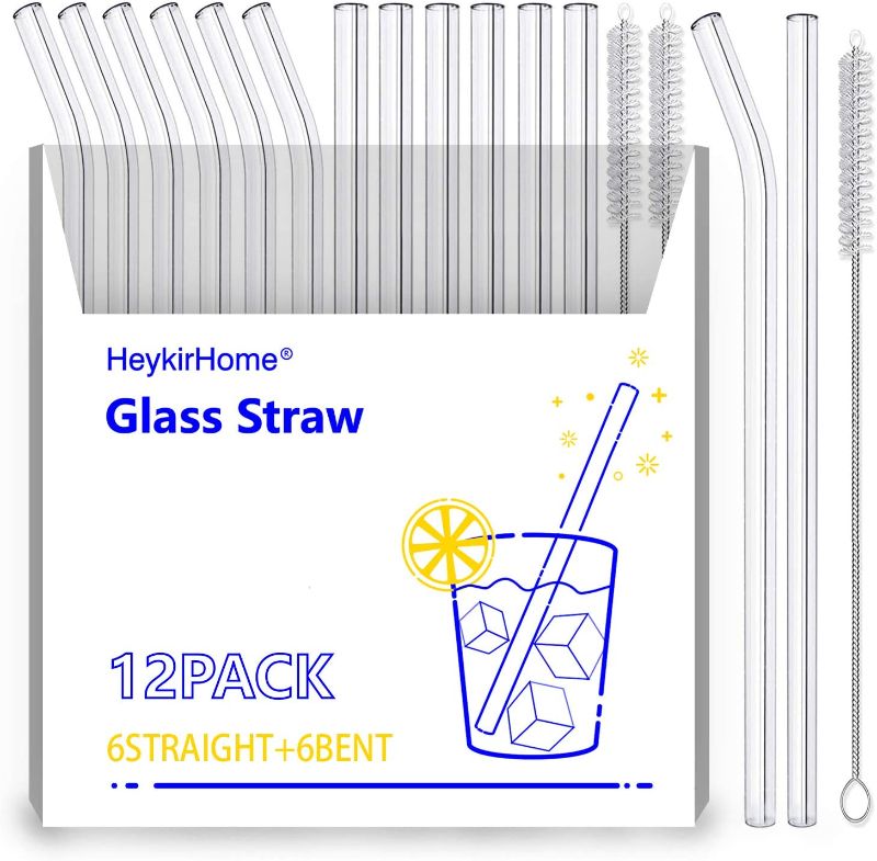 Photo 1 of HeykirHome 12-Pack Reusable Glass Straw,Size 8.5''x10 MM,Including 6 Straight and 6 Bent with 2 Cleaning Brush- Perfect For Smoothies, Tea, Juice
