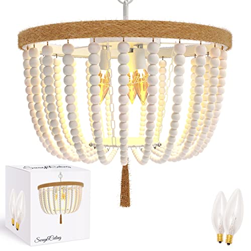 Photo 1 of SWAG&CEILING | Wood Beaded Chandelier + 3 Included Light Bulbs | Flush Mount Ceiling Light Fixture | Perfect Boho Beachy Ceiling Lamp for Bedroom, Kitchen, or Living Room | Rustic Bohemian Style
