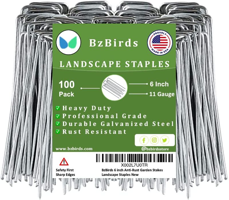 Photo 1 of BzBirds USA Made 6 inch 11 Gauge Garden Landscape Staples Galvanized SOD Pins Lawn Stakes for Weed Barrier Fabric, Ground Cover, Holding Fence and Artificial Turf 100 pack