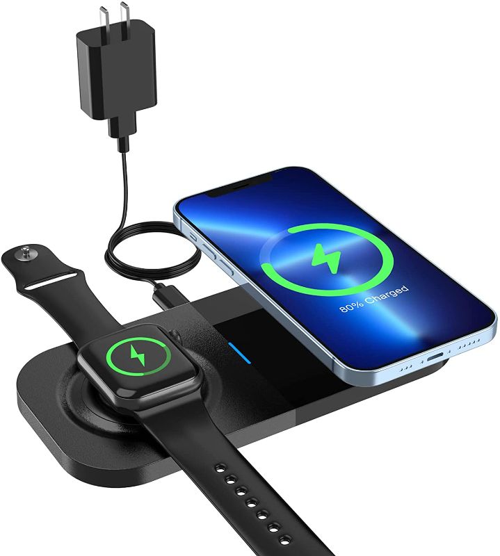 Photo 1 of Dual Qi Wireless Charger for iPhone and Apple Watch Charger, Duo Charging Pad for iWatch 7/6/SE/5/4/3/2, iPhone 13/12/11/X/8/SE Series, 2 in 1 Qi-Certified Charging Station for AirPods 3/Pro/2

