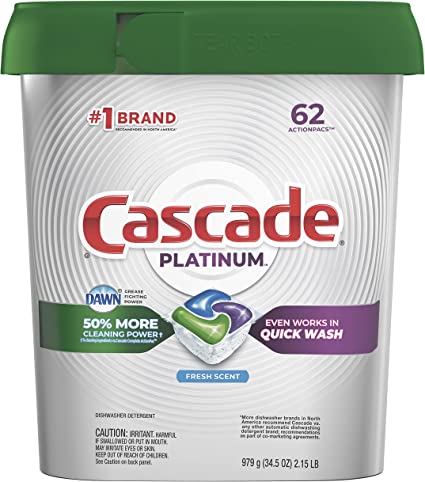 Photo 1 of Cascade Platinum Dishwasher Pods, Actionpacs Dishwasher Detergent with Dishwasher Cleaner Action, Fresh Scent, 62 Count
