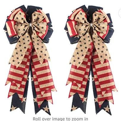 Photo 1 of 2Pcs Patriotic Wreath Bow, Stars and Stripes Burlap Bows,4th of July Memorial Day Wreath Bow for Indoor Outdoor Independence Day Veteran's Day President's Day (Red Stripe)
