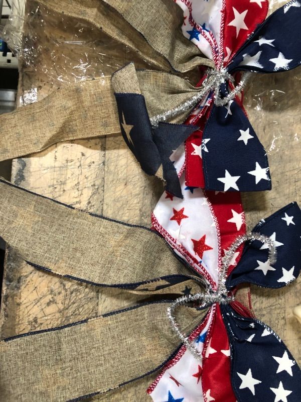 Photo 2 of 2Pcs Patriotic Wreath Bow, Stars and Stripes Burlap Bows,4th of July Memorial Day Wreath Bow for Indoor Outdoor Independence Day Veteran's Day President's Day (Red Stripe)
