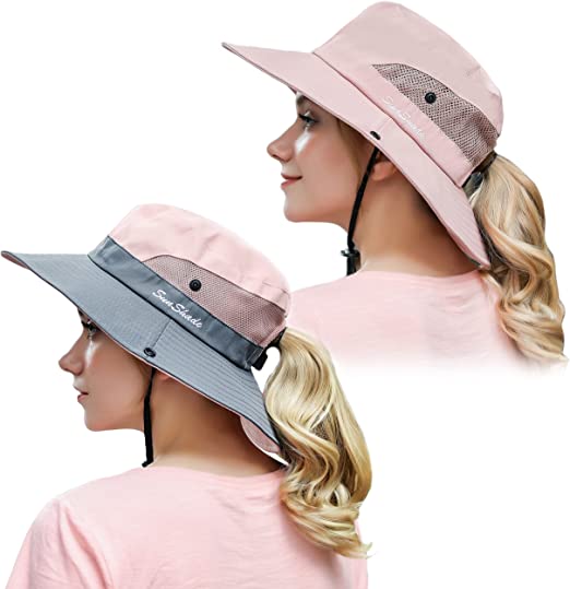 Photo 1 of 2 Pack Women Ponytail Summer Sun Hat UV Protection Wide Brim Foldable Safari Fishing Cap