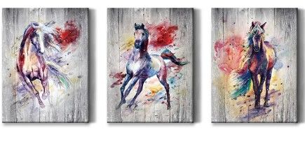 Photo 1 of  Set of 3 Watercolor Horse Painting Wall Decor Framed Canvas Prints Wall Art for Bedroom Bathroom Dining Room Aesthetics Modern Home Wall Decor Farmhouse Rustic Decorations Pictures 12 x 16 Inch
