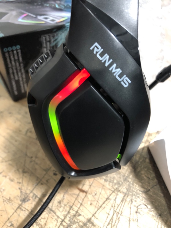 Photo 2 of RUNMUS Gaming Headset with Noise Canceling Mic for PS4, Xbox One, PC, Mobile, 7.1 Surround Sound Headphone with LED Light