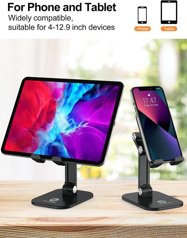 Photo 1 of OCYCLONE Cell Phone Stand, iPad Stand, Adjustable Height and Angle Phone Stand for Desk, Foldable Phone Holder, Taller iPhone Stand Compatible for 4 - 11 Inch All Mobile Phone/iPad/Tablet - Black
