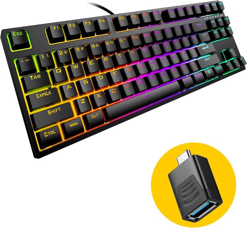 Photo 1 of Hiwings HI100 TKL Compact Mechanical Gaming Keyboard, RGB LED Rainbow Backlit 100 87 Keys Keyboard with Blue Switches,Compatible Windows, Mac Type C Adapter (Extra OTG) (Renewed), Black