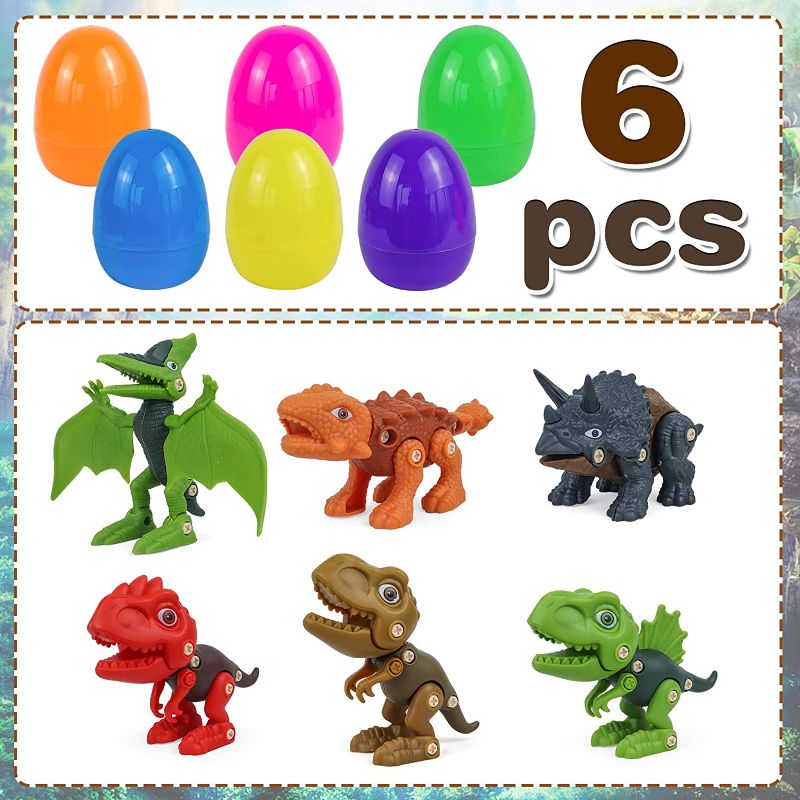 Photo 1 of ALLCOLOR 6pcs Toys Filled Easter Eggs with Take Apart Dinosaurs inside for Kids 3 4 5 6 7 Colorful Plastic Surprise Eggs for Hunt Holiday Party Games
