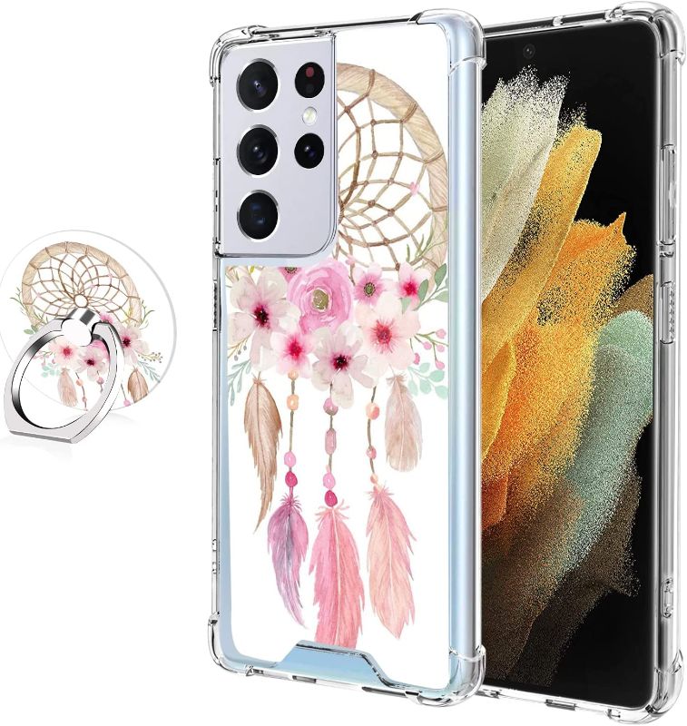 Photo 1 of MZELQ for Samsung Galaxy S21 Ultra Dreamcatcher Case with Ring Holder Kickstand Pink Flower for Women Girls Floral Cute Slim Soft Flexible TPU Protective Phone Cover for Samsung Galaxy S21 Ultra
