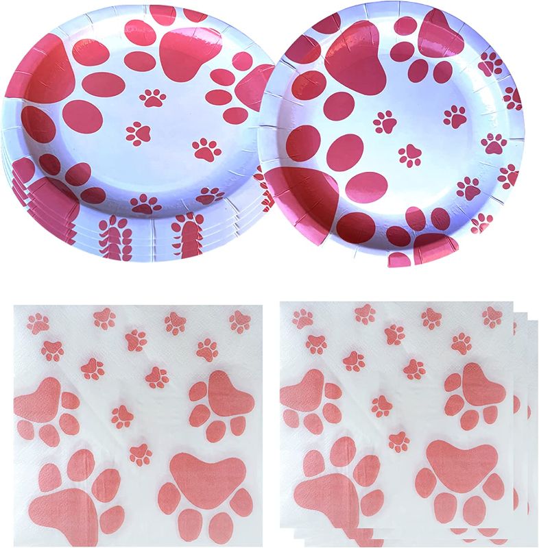 Photo 1 of ***SIMILAR TO PHOTO*** ---Girl Puppy Paw Prints Birthday Party Supplies, 20 Plates and 20 Napkins, Dog Paw Prints Theme Birthday Party Decorations for Kid Baby Shower
