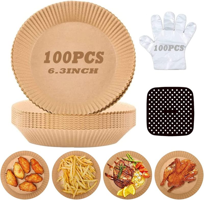 Photo 1 of Air Fryer Liner Disposable 100PCS, Non-Stick Air Fryer Parchment Paper Oil-proof, Water-proof for Air Fryer Basket, Baking, Roasting, Microwave, 100PCS BPA free Gloves & Silicon Liner (6.3 inches)
