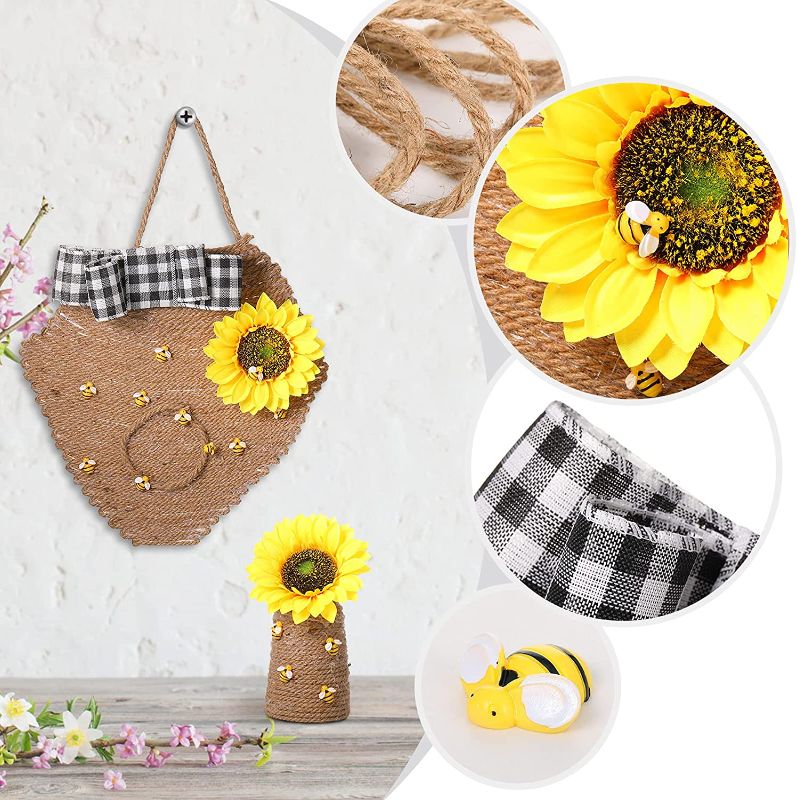 Photo 1 of 45 Pieces Resin Bee Embellishments 5 Pieces Artificial Sunflower Embellishments Heads Black Plaid Ribbons Thick Twine Honeycomb Ropes for DIY Nest Embellishments Crafts Party Supplies
