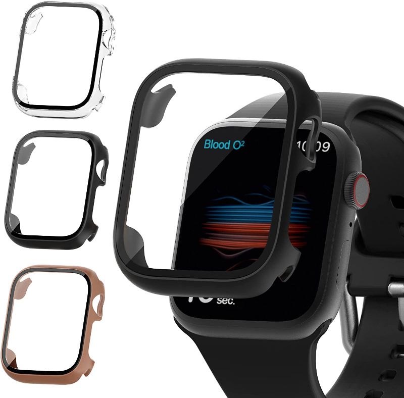 Photo 1 of 3 Pack Hard PC Case Compatible with Apple Watch Series 4 5 6 7 SE 44/45mm with Built in Tempered Glass Screen Protector, High Definition Ultra-Thin Bumper Cover, Black+Clear+Brown
