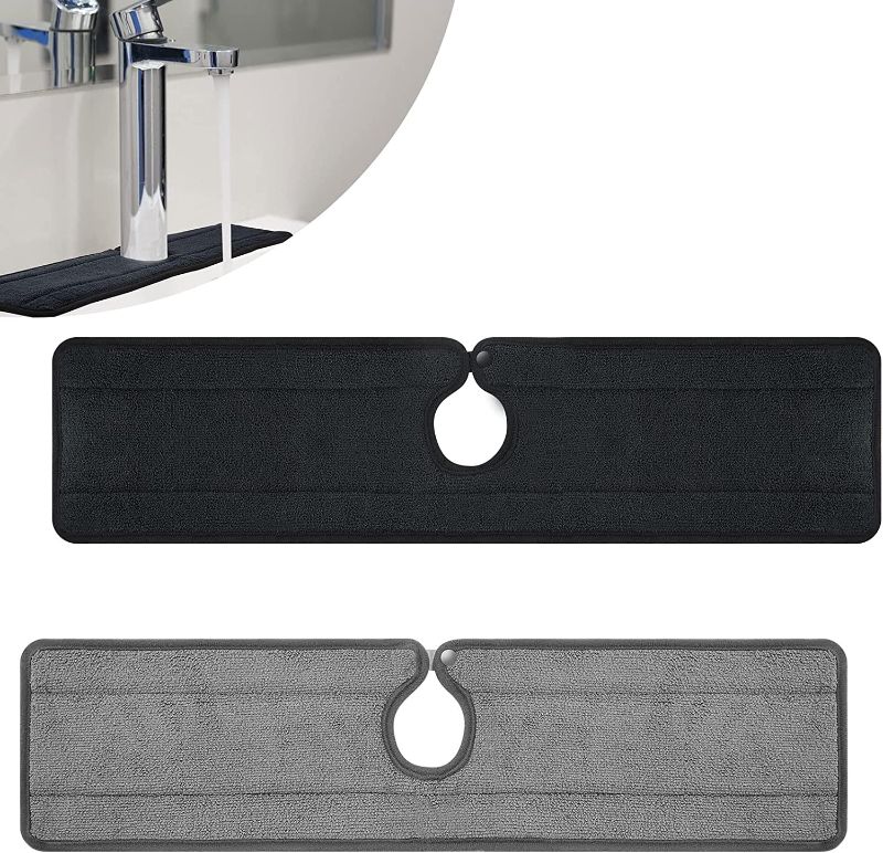 Photo 1 of 2 Packs Sink Mat Faucet Backsplash Guard for Kitchen 24 x 6 Inch Washable Splash Guard Long Absorbent Drip Mat Catcher Microfiber Protector Dish Drying Mats for Kitchen Countertop Bar, Black Grey
