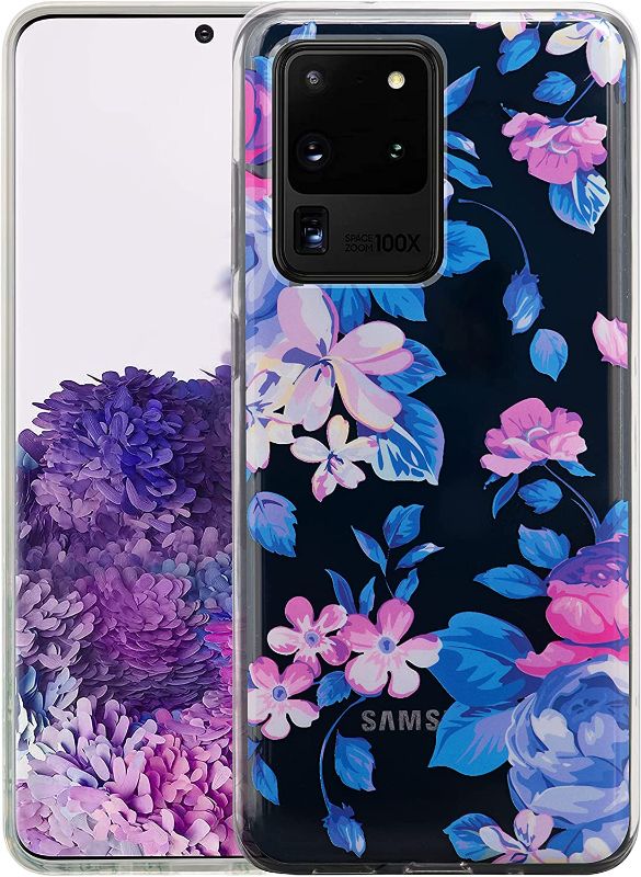 Photo 1 of Sephonie Flower Case for Samsung Galaxy S20 Ultra (6.9"), Floral Pattern Clear Slim Girly Design, Shockproof Protective Hard PC Back with Soft TPU Bumper Phone Cover for Girls and Women | Blue/Pink
