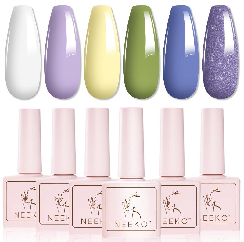 Photo 1 of 2 pck - NEEKO Gel Nail Polish Set, 6 PCS Glitter Purple Sparkle Gel Nail Polish Kit, Yellow Olive Green Blue Snow White Nail Gel, Soak Off UV LED Gel Nail Kit Vanish Manicure Gift Box
