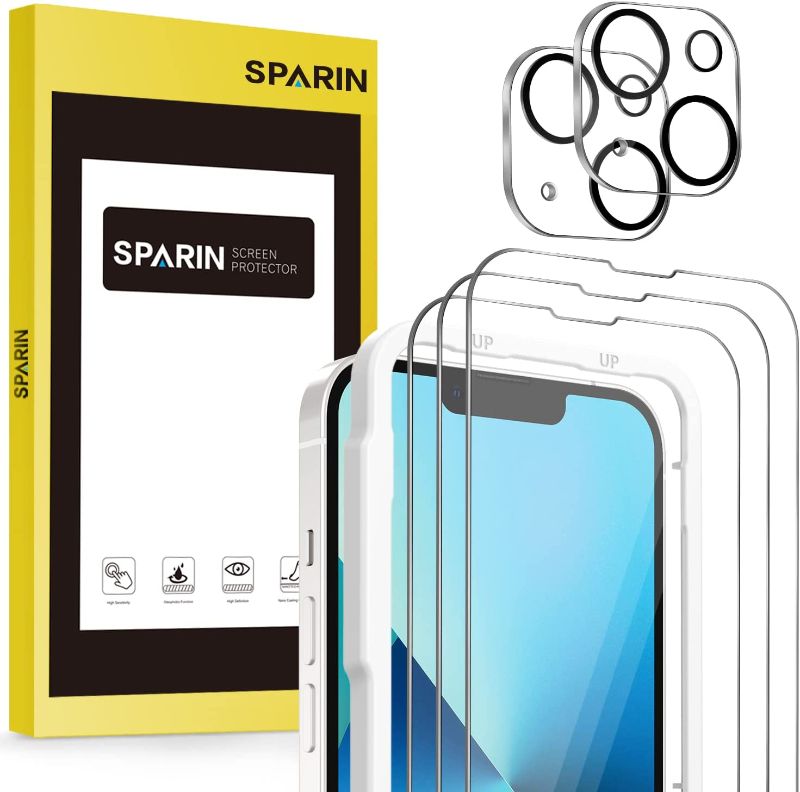 Photo 1 of  BUNDLE OF (3 ITEMS) 3 PACKS OF SPARIN Screen Protector for iPhone 13, 3 Pack 9H Tempered Glass and 2 Pack Camera Lens Protector for iPhone 6.1 Inch 2021, Alignment Tool, Bubble Free
