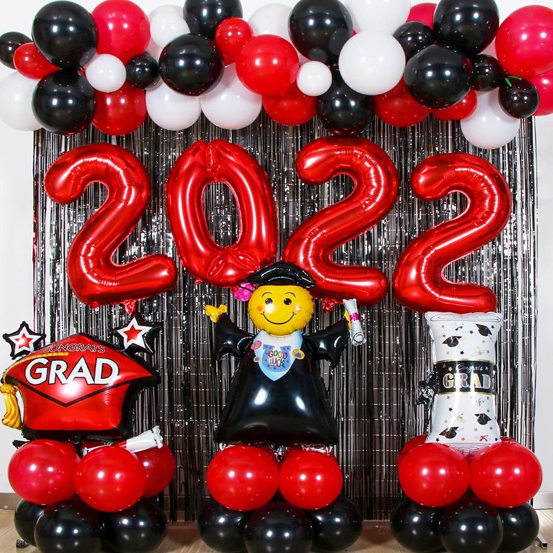 Photo 1 of 2022 Graduation Party Decorations Red Black Graduation Balloon Arch Kit Class of 2022 Grad Decor Supplies 32 Inch 2022 Balloons Fringe Curtains Backdrop for School College Grad Celebration
