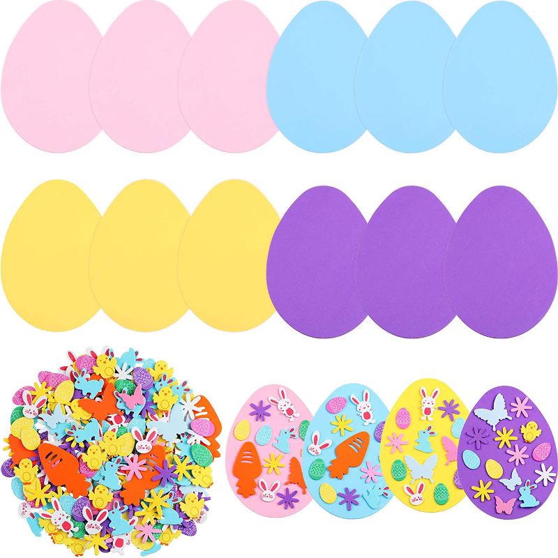 Photo 1 of 12 Pieces DIY Easter Foam Stickers Self-Adhesive Big Easter Egg Stickers and 300 Pieces Bunnies Chicks Flower Shaped Stickers for Kids Crafts Arts Party Supplies
