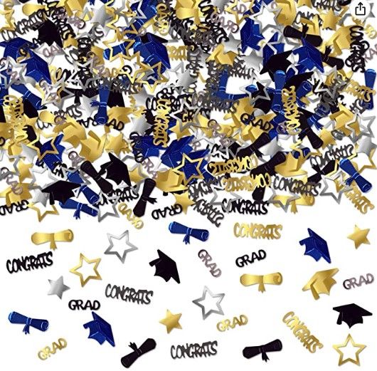 Photo 1 of (X4) Congrats Grad Graduation Confetti 2022 - Pack of 1000 | Blue and Gold Graduation Decorations 2022 | Black, Gold Star, Cap 2022 Confetti | Blue, Yellow Graduation Confetti for Class of 2022 Decorations
