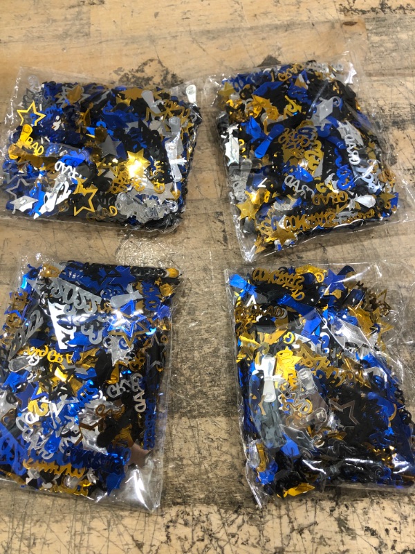 Photo 2 of (X4) Congrats Grad Graduation Confetti 2022 - Pack of 1000 | Blue and Gold Graduation Decorations 2022 | Black, Gold Star, Cap 2022 Confetti | Blue, Yellow Graduation Confetti for Class of 2022 Decorations
