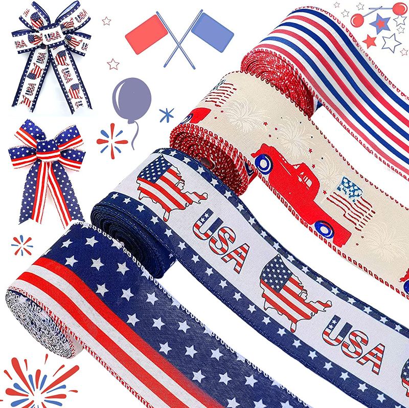 Photo 1 of (X2) American Flag Wired Edge Ribbons, LASPERAL 4 Rolls 26 Yard Patriotic Burlap Ribbon for Crafts Stars Stripes Ribbons for DIY Wrapping Bows Crafts
