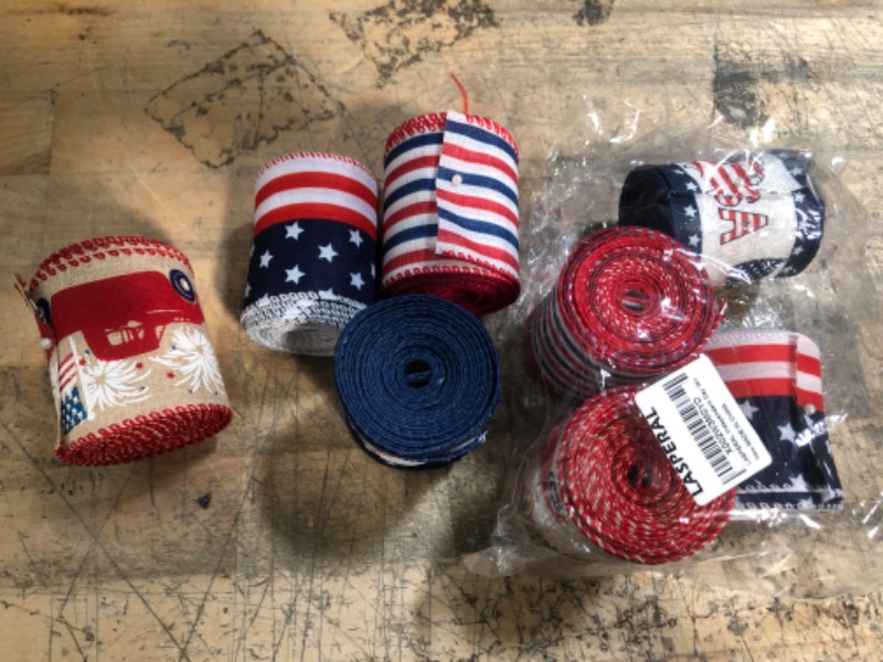 Photo 2 of (X2) American Flag Wired Edge Ribbons, LASPERAL 4 Rolls 26 Yard Patriotic Burlap Ribbon for Crafts Stars Stripes Ribbons for DIY Wrapping Bows Crafts
