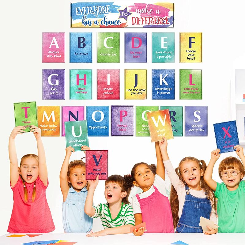 Photo 1 of (X2) Alphabet Bulletin Board Set Manuscript Bulletin Board Watercolor Decorations Growth Mindset Posters Alphabet Inspirational Posters Set for Pre-School Classroom Playroom Nursery Room 6 x 8 Inch
