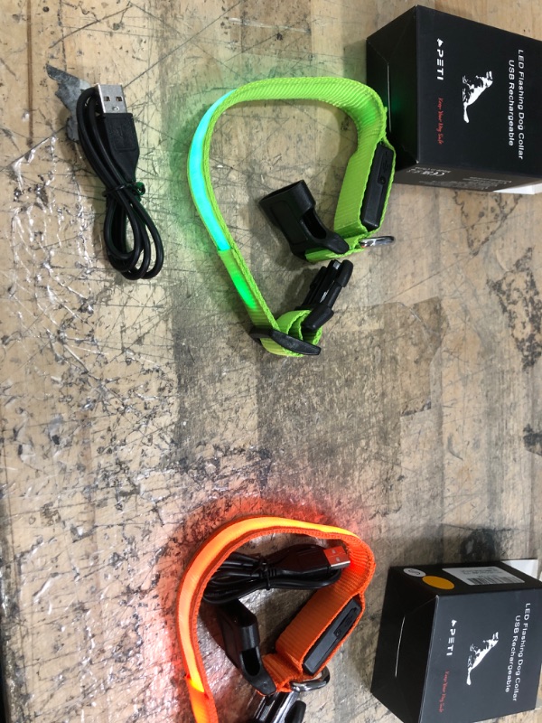 Photo 2 of (X2) Illumifun LED Dog Collar, USB Rechargeable Glowing Pet Safety Collar, Adjustable Light Up Collars for Your Small  Dogs (Green & Orange)