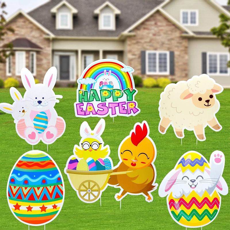 Photo 1 of (X2) Easter Decorations Outdoor Easter Yard Signs Yard Stakes Easter Yard Decorations Outdoor Decorations Signs for Home Yard Lawn Party Decor Easter Eggs Bunny Welcome Signs Waterproof Photo Props 6 PCS
