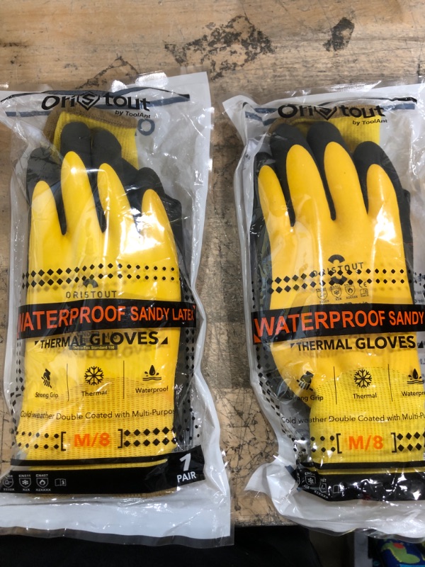 Photo 2 of (X2) OriStout Upgraded Winter Work Gloves for Men and Women, 100% Waterproof, Double Insulated, Windproof Cold Weather Work Gloves, Freezer Gloves for Handling Frozen Food, Yellow, Medium
