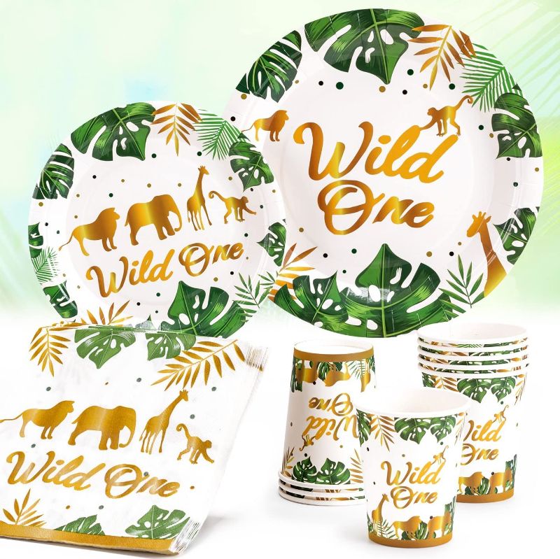 Photo 1 of 96Pcs Wild One Kids Birthday Party Supplies,First Birthday Decorations for Boy & Girl, 9" Dinner Plates, 7" Dessert Plates, 9 oz Paper Cups and Disposable Napkins Tableware Sets Serves 24 Guests
