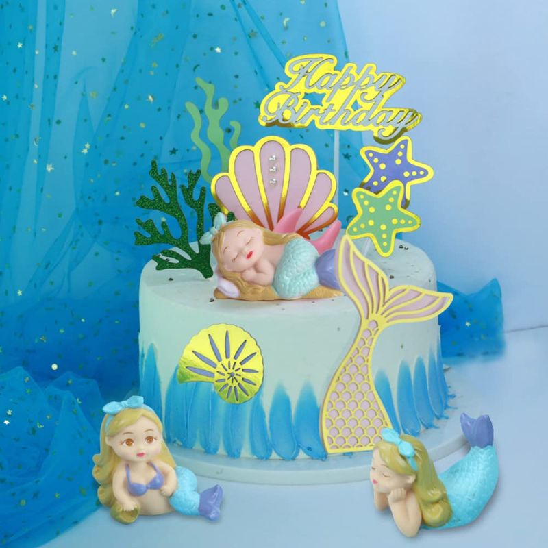 Photo 1 of (X2) Nevperish 11 Pieces Resin 3D Mermaid Inspired Cake Toppers Figurine with 2D Starfish Seaweed Sea Snail Shell Mermaid Tail Cupcake Toppers Picks for Baby Shower Kids Birthday Party Cake Decorations Supplies
