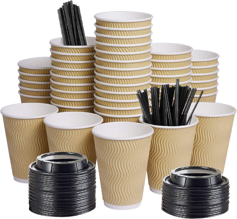 Photo 1 of 12oz Insulated Kraft Ripple Wall Disposable To Go Paper Coffee Cups for Office Parties Home Travel Corrugated Sleeve Hot Drink Cups with Lids & Straws
