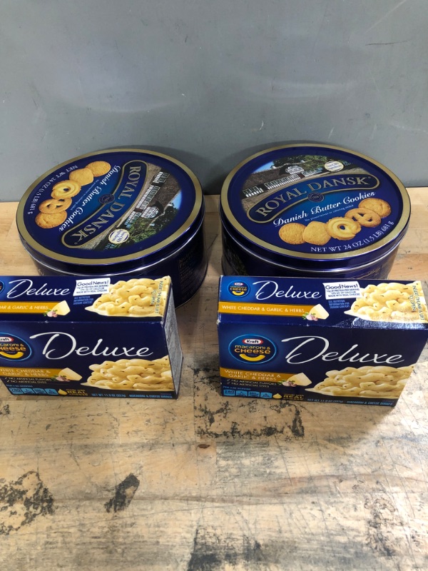 Photo 1 of -Royal Dansk Danish Cookies Tin, butter, 24 Ounce (EX: 12/06/2023)
-Kraft Deluxe White Cheddar & Garlic & Herbs Macaroni & Cheese Dinner, 11.9 oz Box (EX: 09/27/2022)