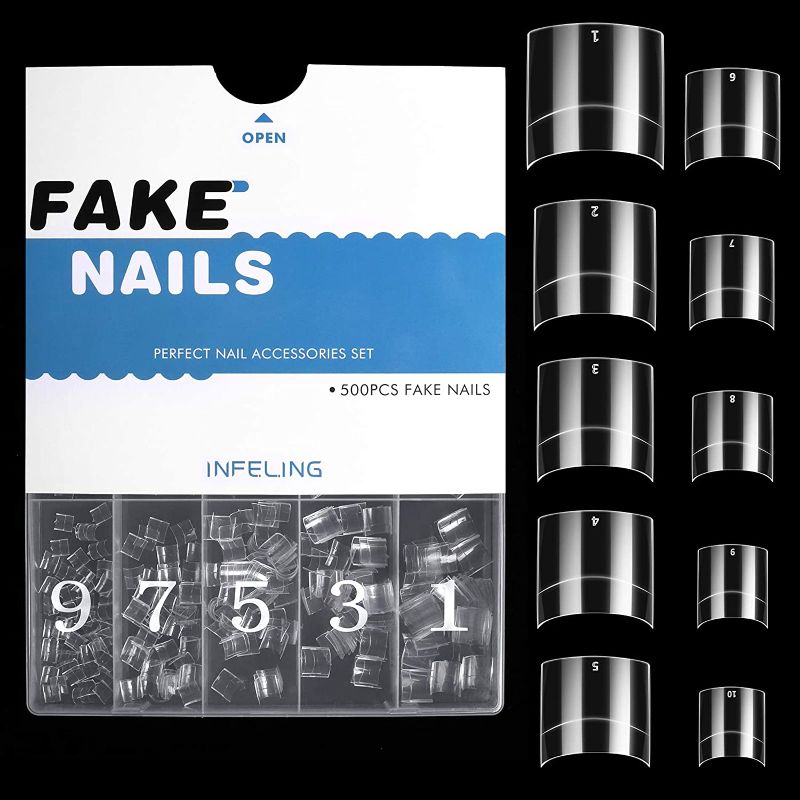 Photo 1 of (X3) Short Nail Tips - Clear Nail Tips for Acrylic Nails, 500pcs Short Square Nail Tips INFELING Half Cover French Nail Tips with Case Fake False Nail Tips for Home Salon Use
