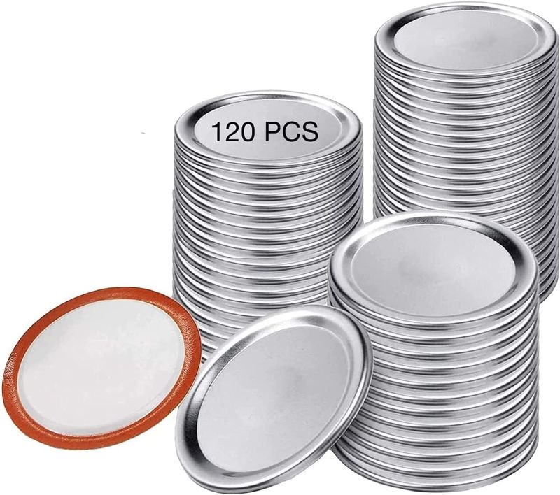 Photo 1 of (X2) 120 Pcs Canning Jar Lids Regular Mouth Mason Jar Lids, 68mm Split-Type Leak Proof Ball Mouth Canning Lids, Reusable Metal Canning Jar Lids (Silver) (120Pcs)
