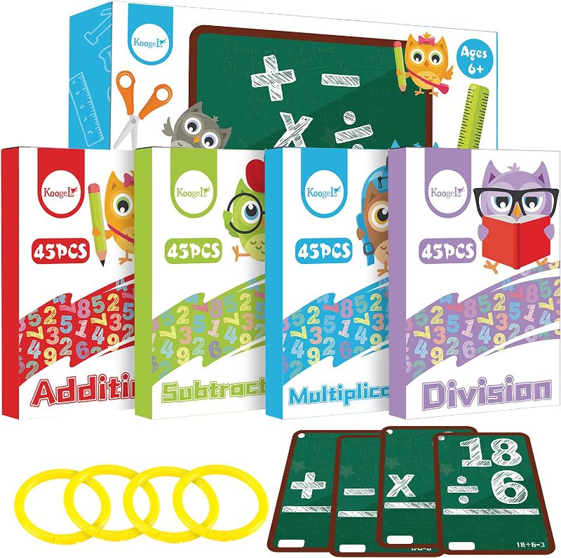 Photo 1 of (X2) Koogel Math Flash Cards, 4 Pack Kids Flash Cards Addition Subtraction Multiplication Division Cards Number Flash Cards for Ages 4 and Up, Kids in Kindergarten, 1st, 2nd, 3rd Grade Class or Homeschool
